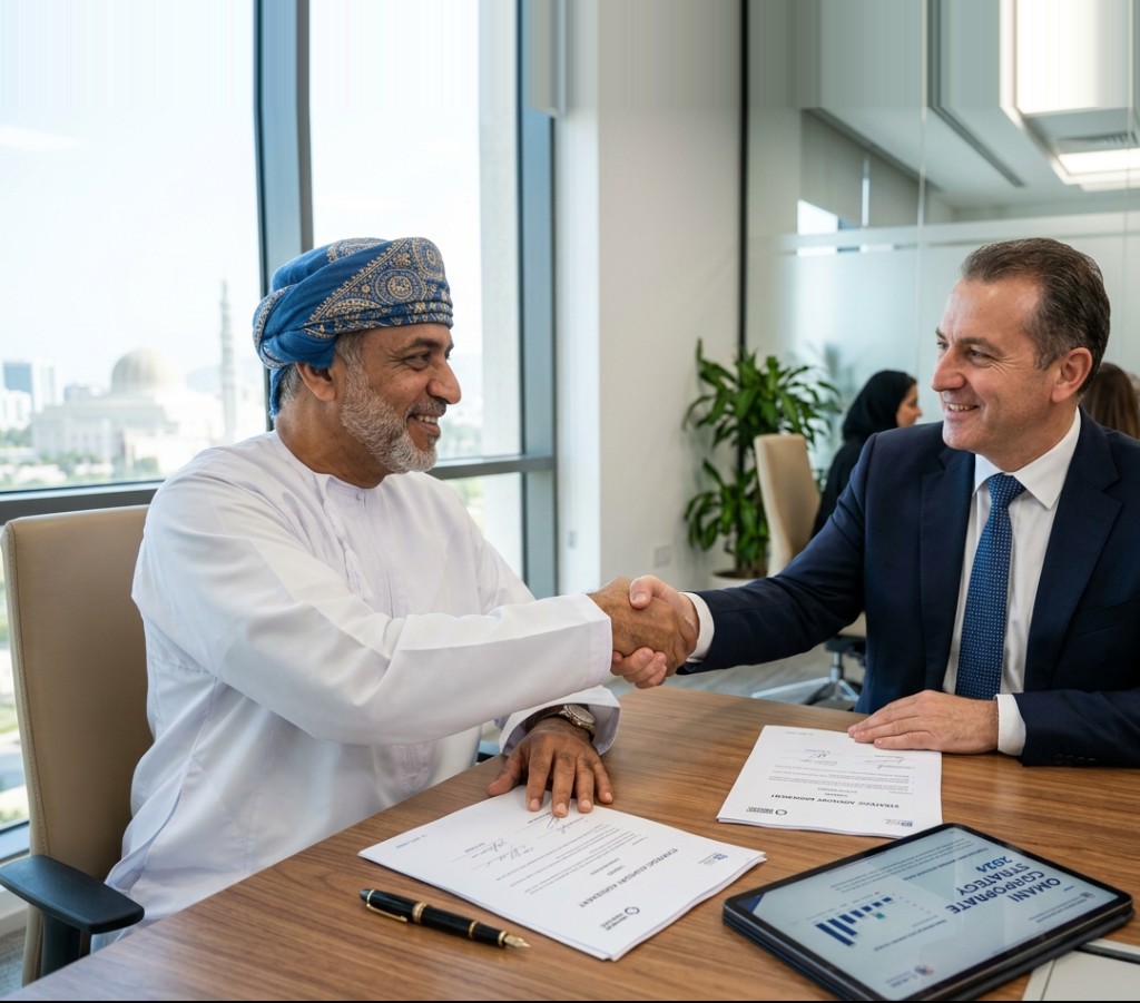 Omani corporate consultant shaking hands with business client