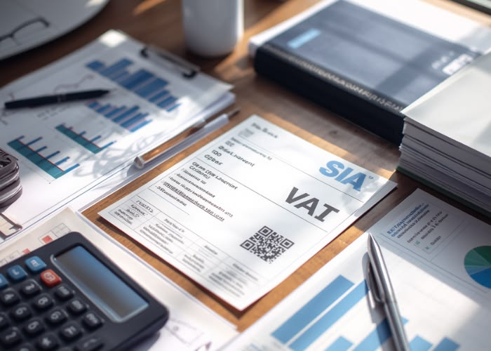 VAT paperwork, invoices and a calculator on a desk